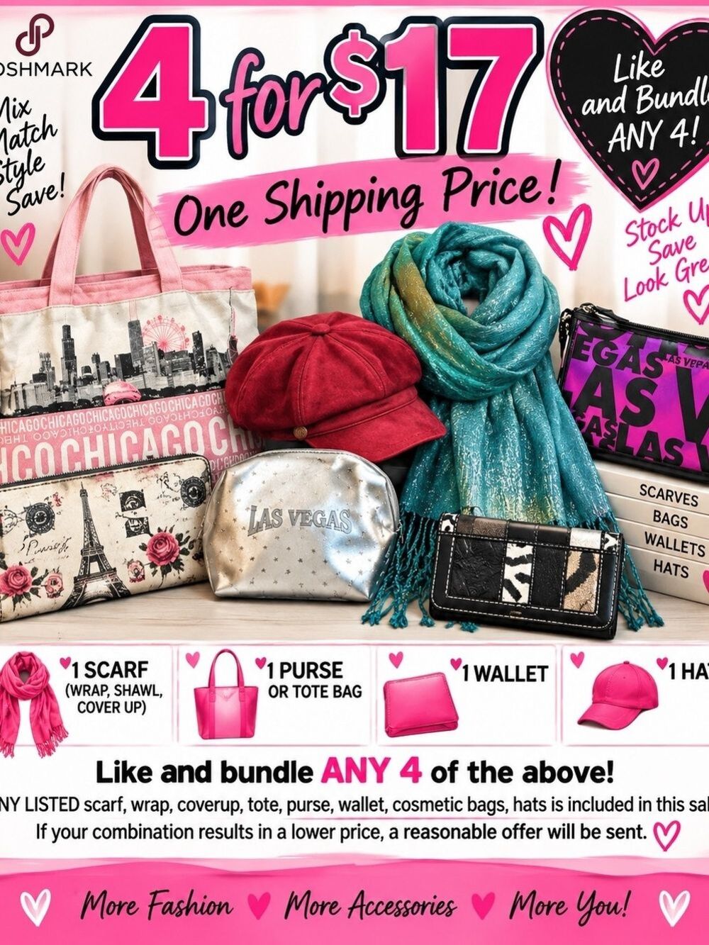 Sale ❤️4 For $17 Accessories (Purse/Tote, Wallet, Scarf/Wrap& Hat). Stock Up
